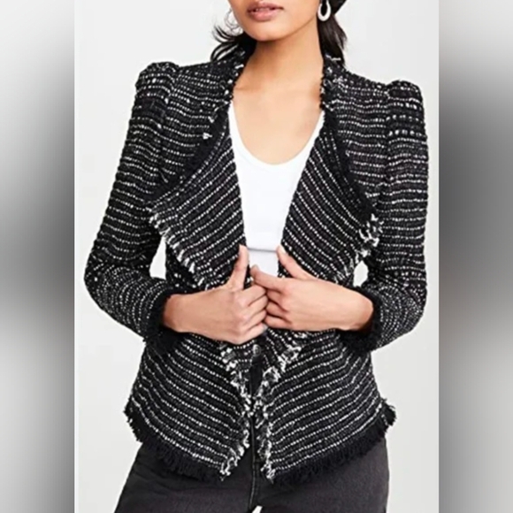 Iro Womens Diana Puff SleevesTweed Jacket Black Fringe Open  Size 38/US 6 - Picture 1 of 6